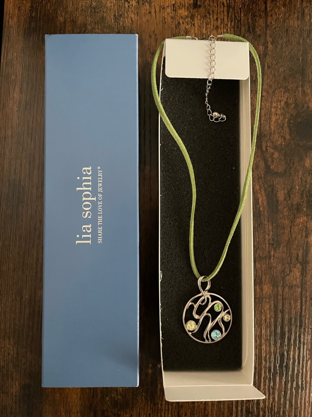 Lia Sophia Green Cord Necklace with Silver Circle Pendant and Multicolor Gems